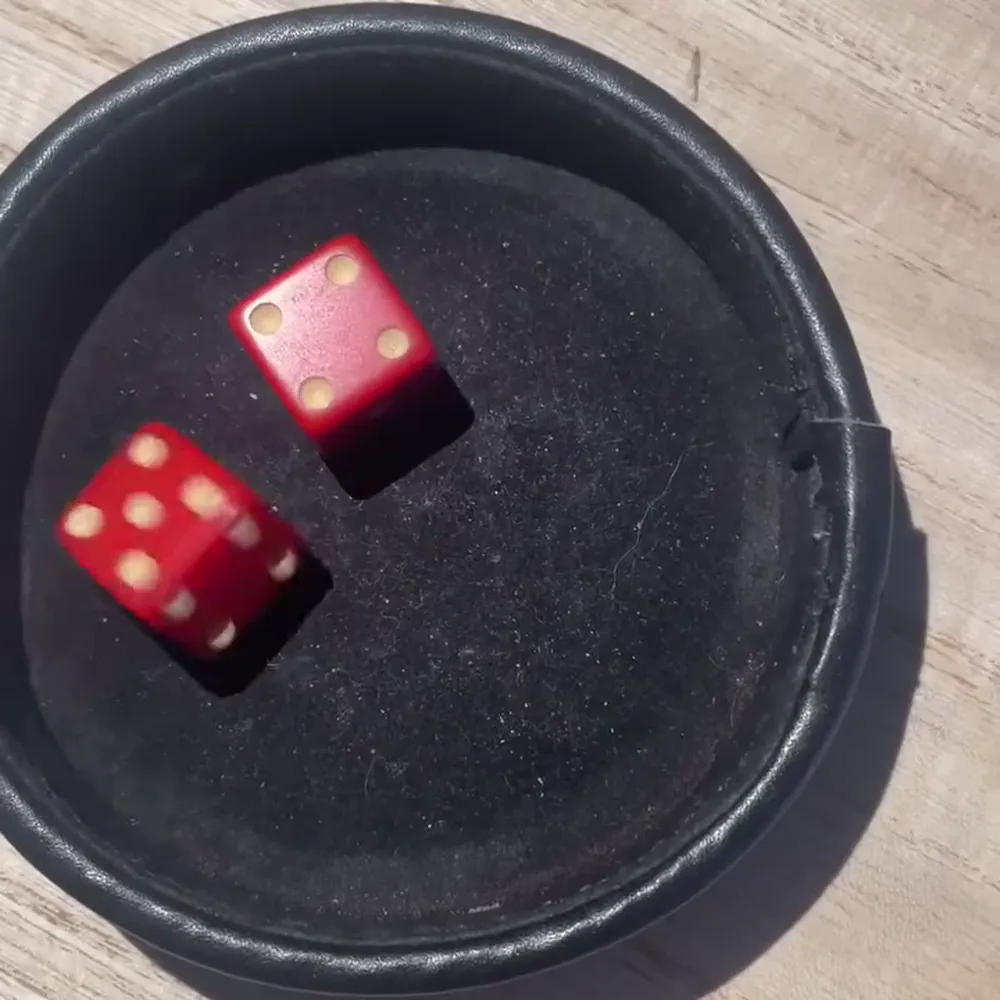Copo de dados preto com dois dados vermelhos visto de cima