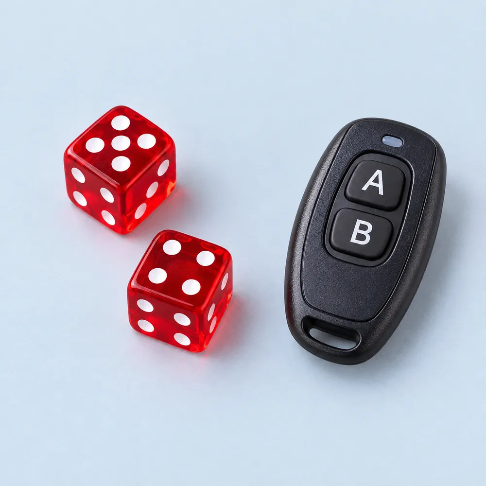 Controle remoto com botões A/B e dois dados vermelhos em vista superior